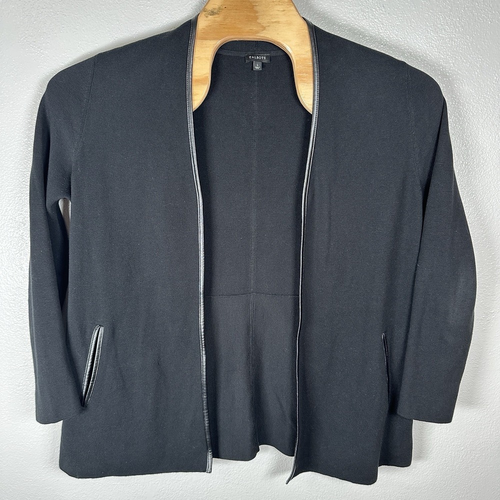 Talbots Faux Leather‎ Trim Cardigan Sweater Womens Large Black Pockets Classic